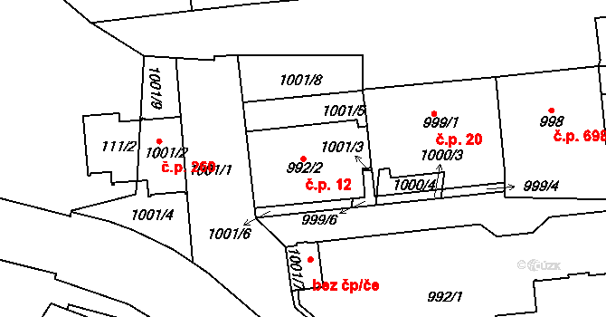 Vršovice 12, Praha na parcele st. 992/2 v KÚ Vršovice, Katastrální mapa