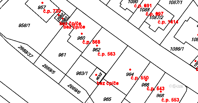 Hostivař 563, Praha na parcele st. 962 v KÚ Hostivař, Katastrální mapa