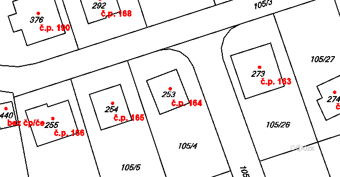 Popovice 164, Králův Dvůr na parcele st. 253 v KÚ Popovice u Králova Dvora, Katastrální mapa