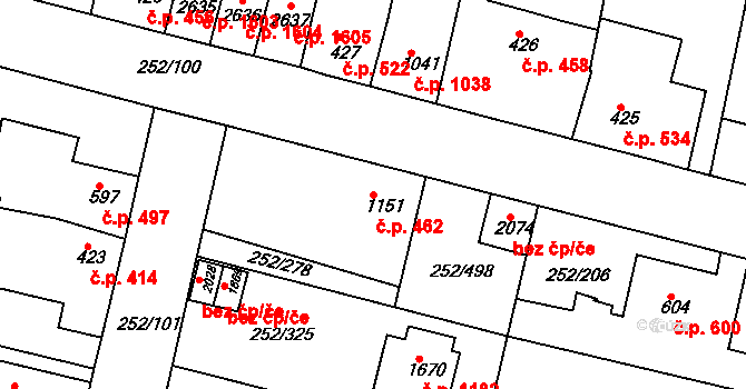 Rosice 462 na parcele st. 1151 v KÚ Rosice u Brna, Katastrální mapa