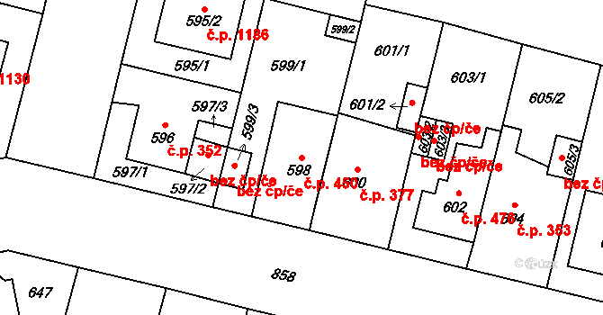 Lobzy 450, Plzeň na parcele st. 598 v KÚ Lobzy, Katastrální mapa