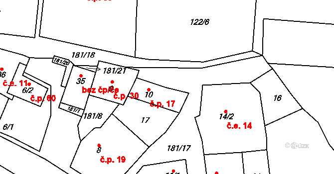 Přebozy 17, Zalešany na parcele st. 10 v KÚ Přebozy, Katastrální mapa