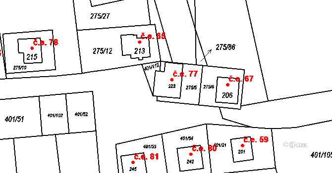 Nuzice 77, Týn nad Vltavou na parcele st. 223 v KÚ Nuzice, Katastrální mapa