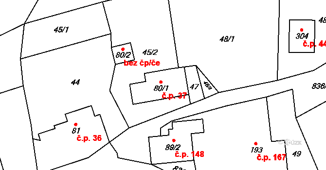 Polevsko 37 na parcele st. 80/1 v KÚ Polevsko, Katastrální mapa