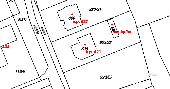 Hrochův Týnec 421 na parcele st. 638 v KÚ Hrochův Týnec, Katastrální mapa