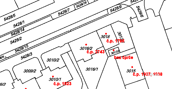 Východní Předměstí 2743, Plzeň na parcele st. 3016/2 v KÚ Plzeň, Katastrální mapa