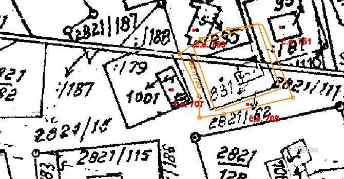 Tvarožná Lhota 707 na parcele st. 1001 v KÚ Tvarožná Lhota, Katastrální mapa