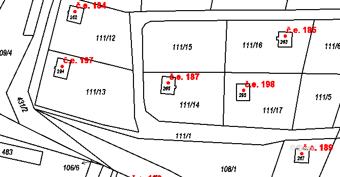 Suhrovice 187, Kněžmost na parcele st. 265 v KÚ Suhrovice, Katastrální mapa