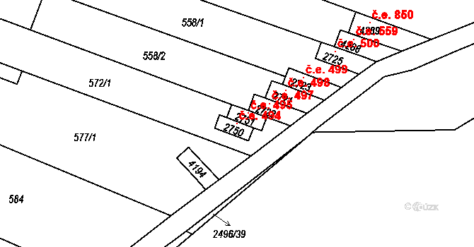 Kyjov 494 na parcele st. 2750 v KÚ Kyjov, Katastrální mapa