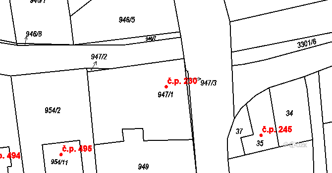 Píšť 230 na parcele st. 947/1 v KÚ Píšť, Katastrální mapa