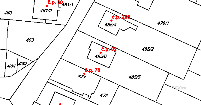Chlebičov 82 na parcele st. 485/6 v KÚ Chlebičov, Katastrální mapa