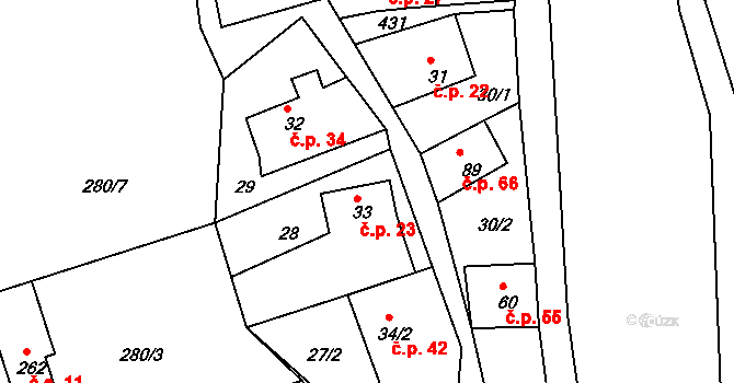 Dolany nad Vltavou 23 na parcele st. 33 v KÚ Dolany u Prahy, Katastrální mapa