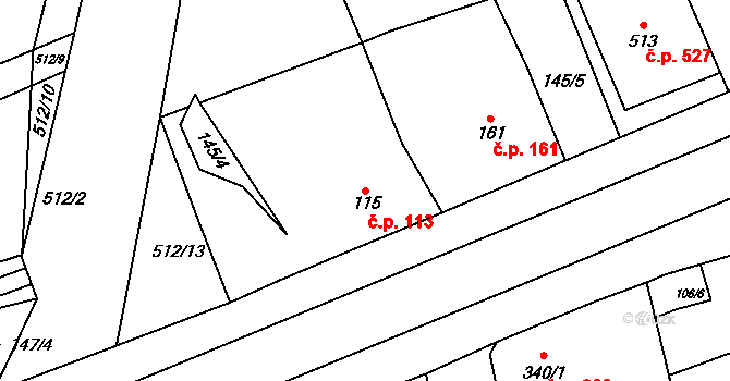 Rudná 113 na parcele st. 115 v KÚ Dušníky u Rudné, Katastrální mapa