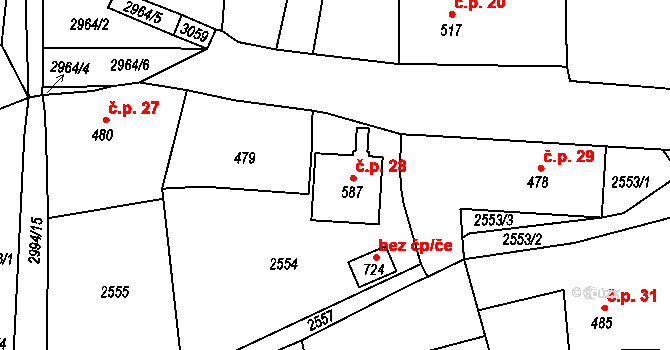 Mlýnec 28, Postřekov na parcele st. 587 v KÚ Postřekov, Katastrální mapa