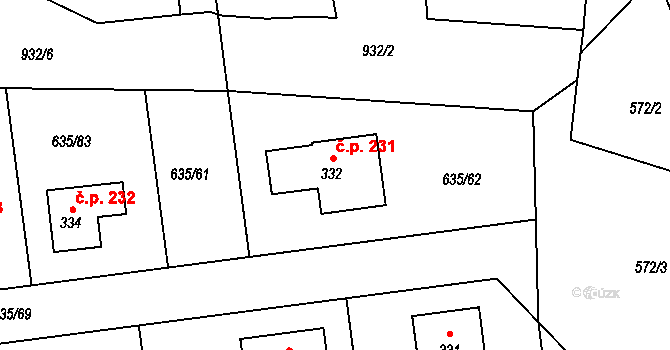 Šanov 231 na parcele st. 332 v KÚ Šanov u Rakovníka, Katastrální mapa