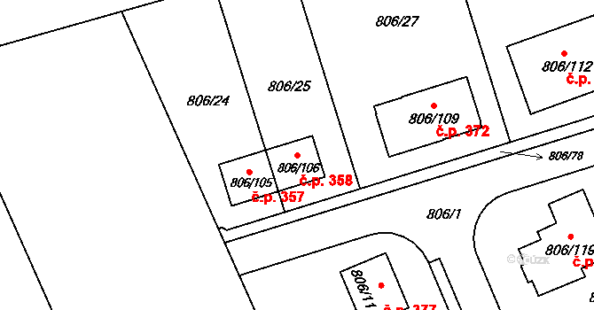 Těchov 358, Blansko na parcele st. 806/106 v KÚ Těchov, Katastrální mapa