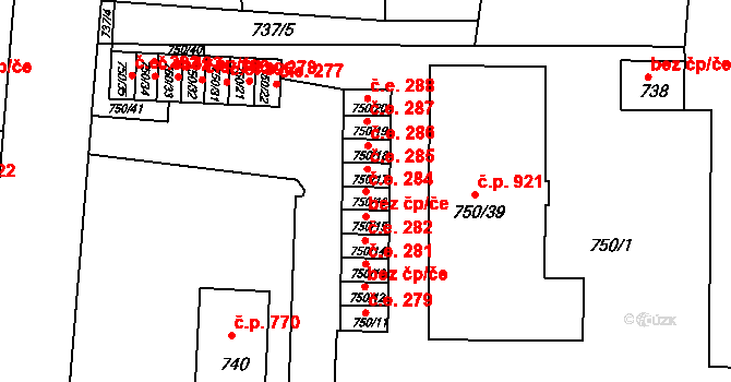 Podbořany 284 na parcele st. 750/16 v KÚ Podbořany, Katastrální mapa
