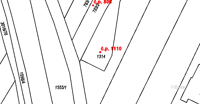 Bystřice pod Hostýnem 1110 na parcele st. 1314 v KÚ Bystřice pod Hostýnem, Katastrální mapa