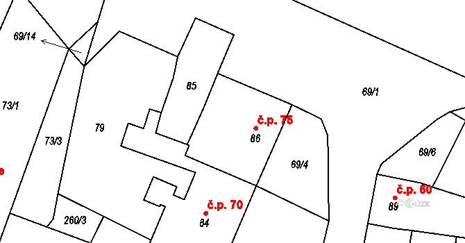 Bílovice 75, Bílovice-Lutotín na parcele st. 86 v KÚ Bílovice, Katastrální mapa