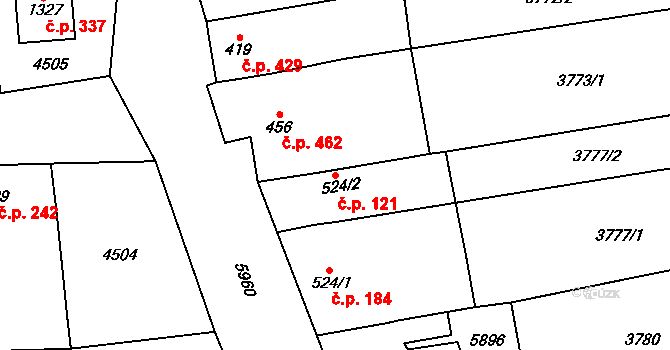 Hrušovany nad Jevišovkou 121 na parcele st. 524/2 v KÚ Hrušovany nad Jevišovkou, Katastrální mapa