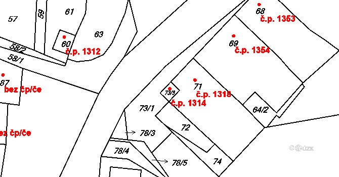 Rokytná 1314, Moravský Krumlov na parcele st. 73/3 v KÚ Rokytná, Katastrální mapa