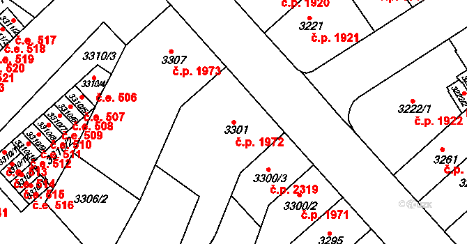 Znojmo 1972 na parcele st. 3301 v KÚ Znojmo-město, Katastrální mapa