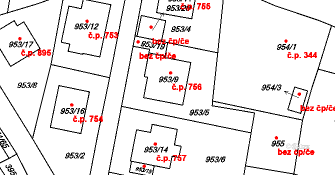 Žižkov 756, Kutná Hora na parcele st. 953/9 v KÚ Kutná Hora, Katastrální mapa