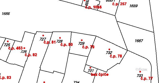 Sadská 79 na parcele st. 729 v KÚ Sadská, Katastrální mapa