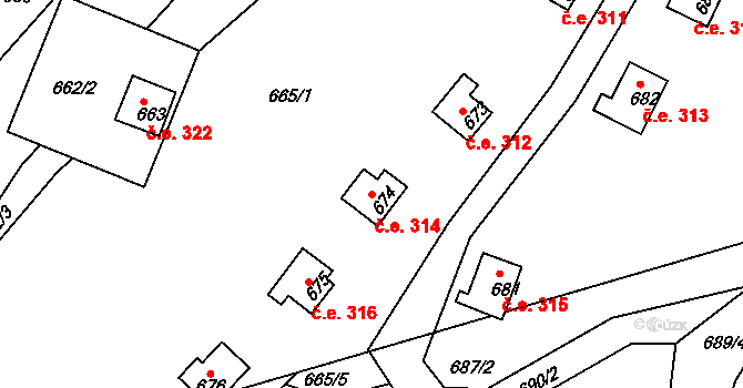 Nebovidy 314 na parcele st. 674 v KÚ Nebovidy u Brna, Katastrální mapa