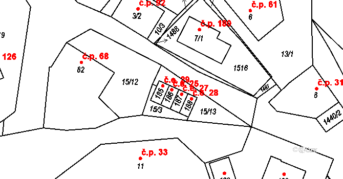 Hybrálec 25 na parcele st. 186 v KÚ Hybrálec, Katastrální mapa