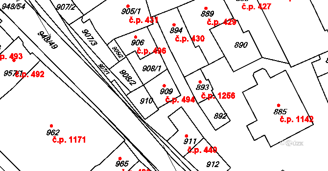 Rousínov 494 na parcele st. 909 v KÚ Rousínov u Vyškova, Katastrální mapa