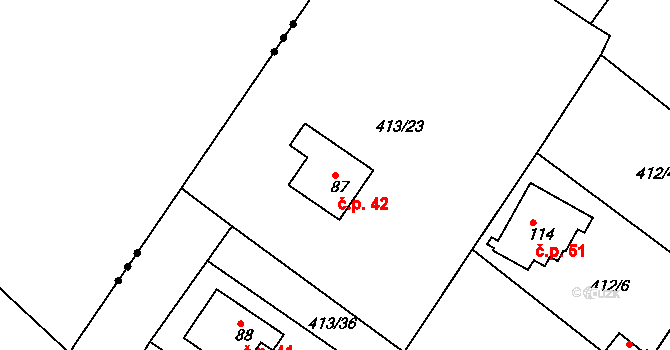 Drahkov 42, Modlany na parcele st. 87 v KÚ Kvítkov u Modlan, Katastrální mapa