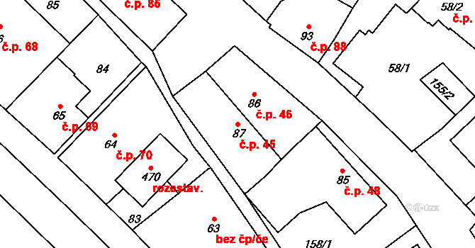 Stěžery 45 na parcele st. 87 v KÚ Stěžery, Katastrální mapa