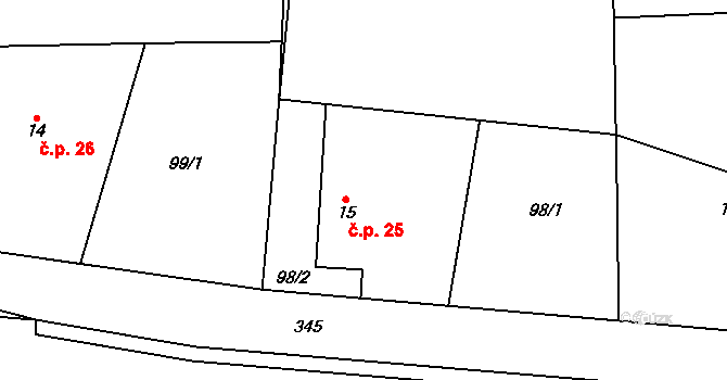 Slovanská Lhota 25, Drevníky na parcele st. 15 v KÚ Slovanská Lhota, Katastrální mapa
