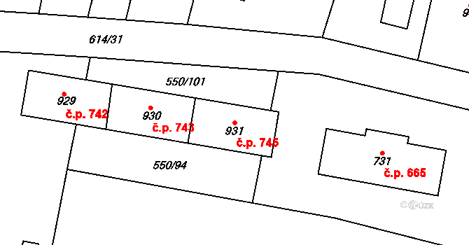 Libochovice 745 na parcele st. 931 v KÚ Libochovice, Katastrální mapa