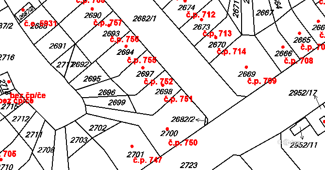Střekov 751, Ústí nad Labem na parcele st. 2698 v KÚ Střekov, Katastrální mapa