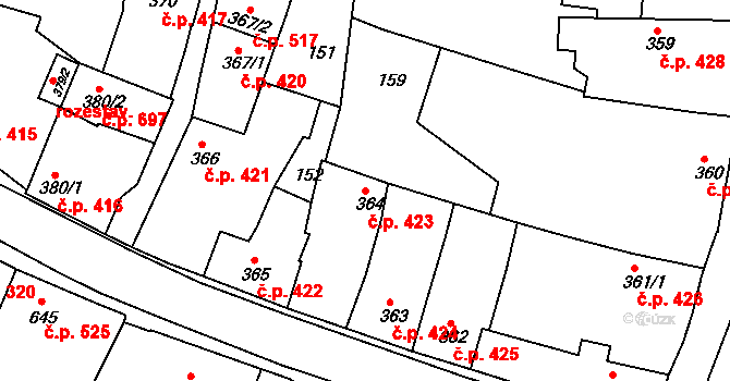 Lysá nad Labem 423 na parcele st. 364 v KÚ Lysá nad Labem, Katastrální mapa