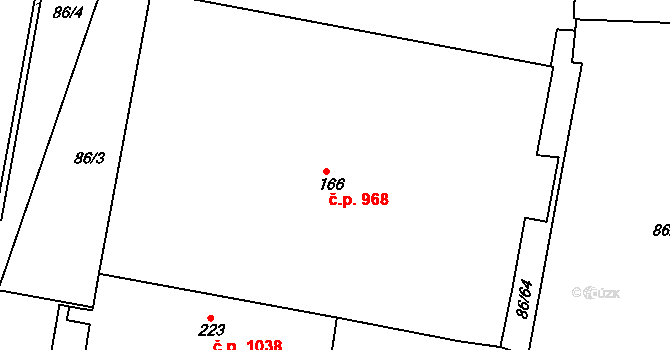 Borovina 968, Třebíč na parcele st. 166 v KÚ Řípov, Katastrální mapa