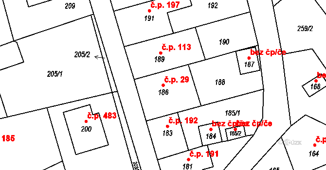 Jablůnka 29 na parcele st. 186 v KÚ Jablůnka, Katastrální mapa