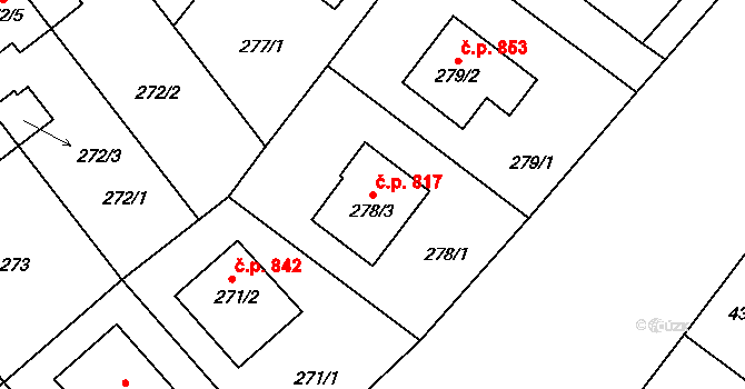 Lhotka 817, Praha na parcele st. 278/3 v KÚ Lhotka, Katastrální mapa