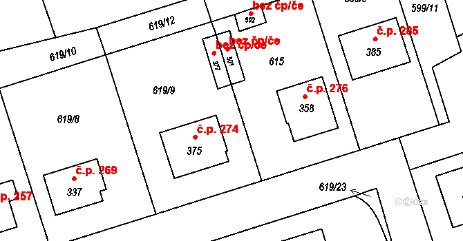 Deštná 274 na parcele st. 375 v KÚ Deštná u Jindřichova Hradce, Katastrální mapa