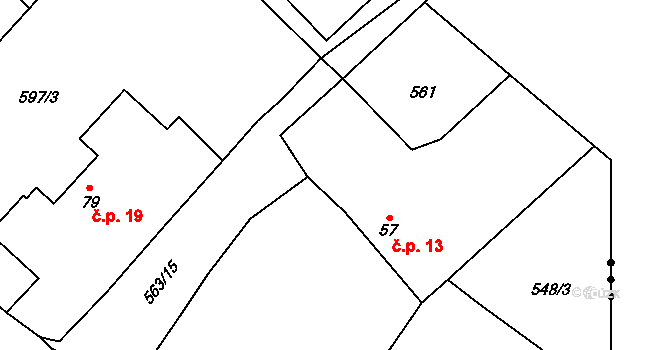 Rozehnaly 13, Radovesnice II na parcele st. 57 v KÚ Rozehnaly, Katastrální mapa