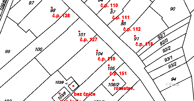 Královopolské Vážany 119, Rousínov na parcele st. 104 v KÚ Královopolské Vážany, Katastrální mapa