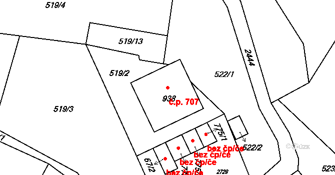 Lučany nad Nisou 707 na parcele st. 938 v KÚ Lučany nad Nisou, Katastrální mapa