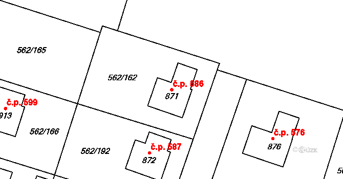 Lázně Bělohrad 586 na parcele st. 871 v KÚ Lázně Bělohrad, Katastrální mapa