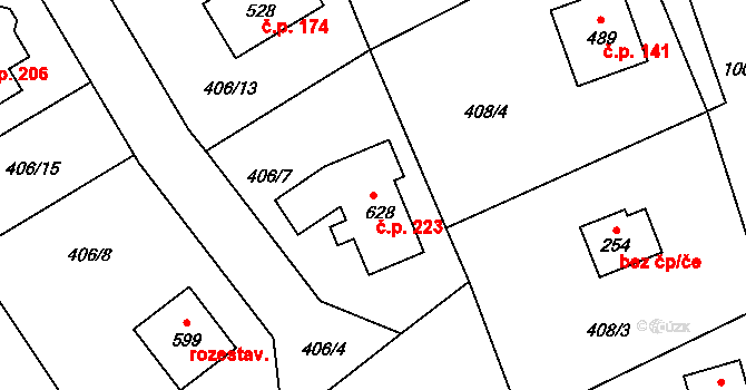 Doubravčice 223 na parcele st. 628 v KÚ Doubravčice, Katastrální mapa
