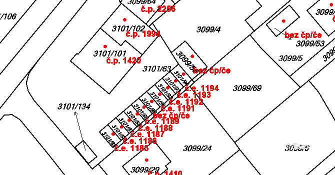 Pelhřimov 1192 na parcele st. 3101/92 v KÚ Pelhřimov, Katastrální mapa