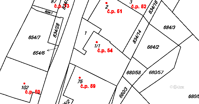 Křižínkov 54 na parcele st. 1/1 v KÚ Křižínkov, Katastrální mapa