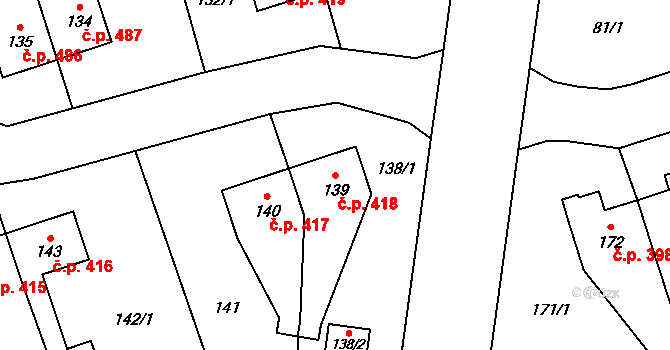 Vejprnice 418 na parcele st. 139 v KÚ Vejprnice, Katastrální mapa