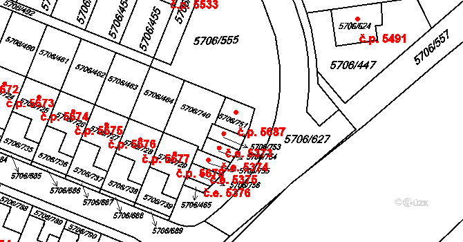 Jihlava 5687 na parcele st. 5706/751 v KÚ Jihlava, Katastrální mapa